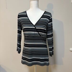 Career Chic Wrap Blouse Striped Stretch Top Minimalist Office Capsule M